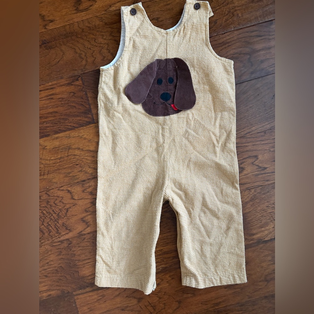 Beige Baby Boy Dog Appliqué Corduroy Romper